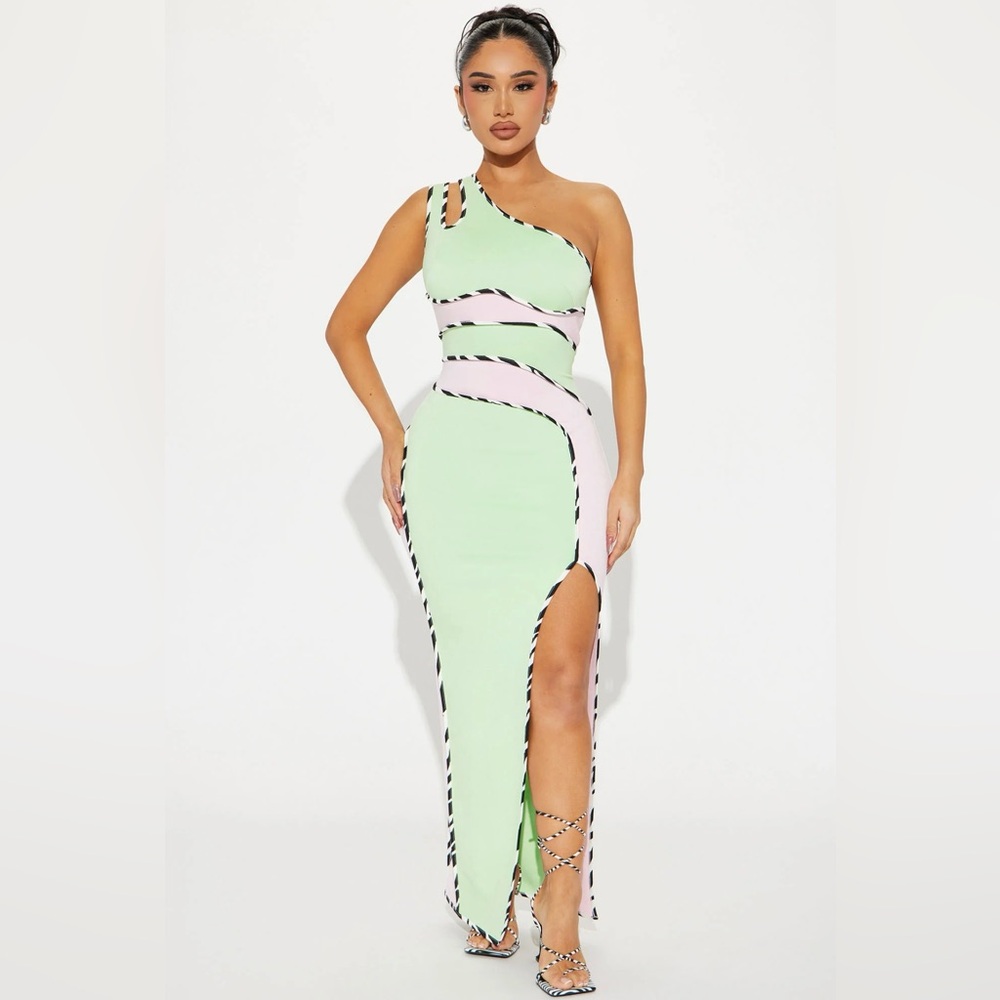 Elegant Mint and Pink One-Shoulder Dress